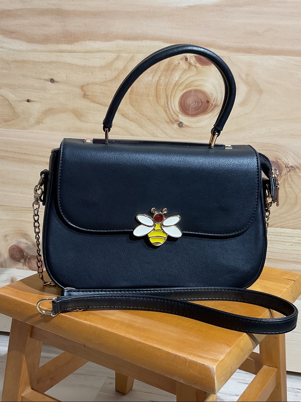 Structured Black Satchel with Bee Accent